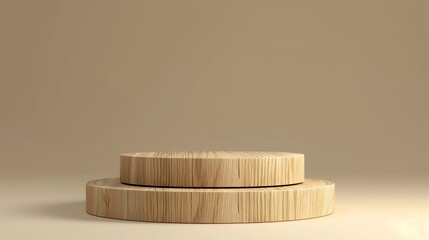 Poster - 3D rendering of a wooden podium or pedestal against a beige background. The podium is made of natural wood and has a rough, textured surface.