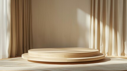 Fototapete - 3d rendering of a wooden podium with a beige curtain in the background. The podium is made of two cylinders and has a rough texture.