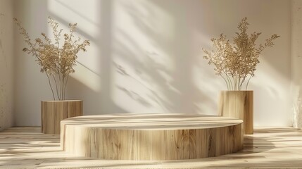 Fototapete - The image is a 3D rendering of a wooden podium with a natural wood grain texture.