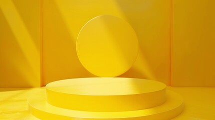 Poster - 3D rendering of a yellow podium with a large yellow circle on the back wall. The podium is lit by a spotlight from above.