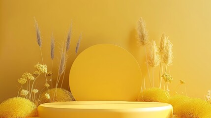 Fototapete - 3D rendering of a yellow podium with a circular backdrop and yellow plants. The podium is surrounded by yellow flowers and plants.