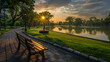 © zubair foods - Trees and plants in a beautiful background,Sunset on a river, two benches and tree,Yellow maple in autumn wood near river,Bench and a tree at a golden sundown