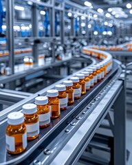 Wall Mural - semi close-up of an assembly line with products being packaged, taken with lens, more clarity with c