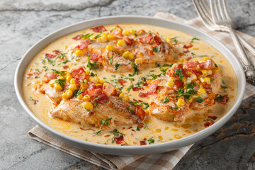 Poster - Garlic butter, bacon and creamy corn chicken closeup on the plate on the table. Horizontal