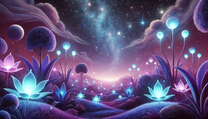 Wall Mural - Ethereal Glow Fantasy Landscape with Glowing Flowers and a Starry Sky.