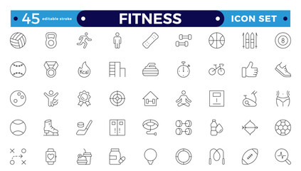 Gym and fitness icon set. Containing healthy lifestyle, weight training, body care, and workout or exercise equipment icons. Outline icon collection. Editable stroke outline icon.
