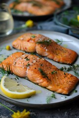 Canvas Print - Freshly Grilled Salmon with Herbs and Lemon Slices on a Rustic Plate for a Fresh Dining Experience