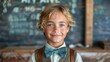 © Tetiana - A smiling young boy stands in a vintage classroom with chalkboard and wooden decor