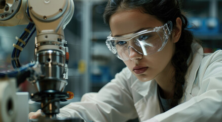 Wall Mural - A young woman in a white lab coat and safety goggles is looking at the camera while working on an industrial robot arm