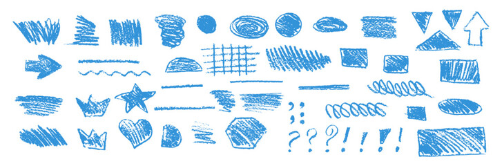 Wall Mural - blue underline pencil hand drawn various ellipses, punctuation marks, direction pointers, arrows, st