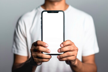 Mockup image of a man holding and showing smartphone with blank screen on gray background.