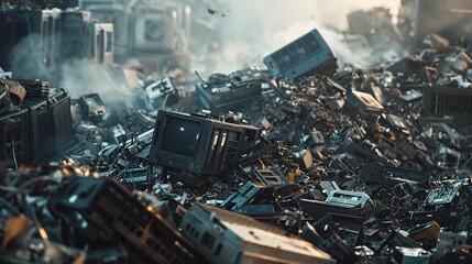 Efficient e-waste recycling: sorting, separating recyclables, and removing hazardous materials. Concept: tech recycling, environmental safety.