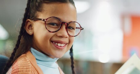 Poster - Child, face and library book with school reading, learning and development with literature. Young girl, smile and study with story, education and knowledge for class with growth and language skills
