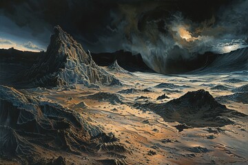 Alien planet landscape with dark stormy sky and glowing moon