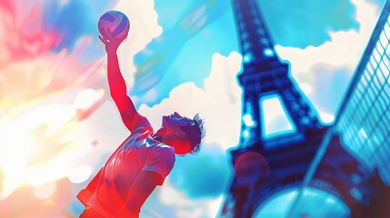 Illustration of volley athlete with blurred Eiffle tower background. Red, white and blue theme. Sports abstract background. 