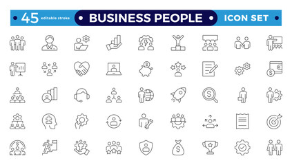 Wall Mural - Business people line icons set. Businessman outlines icons collection. Teamwork, human resources, meeting, partnership, meeting, workgroup, success, resume. Editable stroke outline icon.
