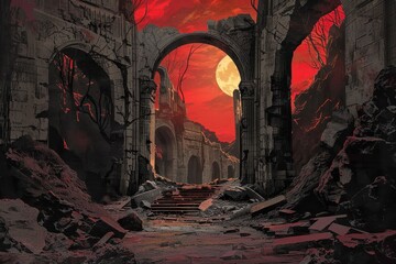 ancient ruins of a forgotten civilization bathed in the light of a bloodred moon