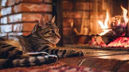 Wall Mural - Cat lounging by fireplace with empty space to the side