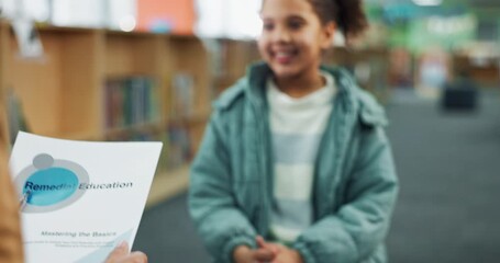 Poster - Education, girl and high five of teacher, library and help for child with learning disability in math. School, tutor and kid with celebration for academic performance of youth, growth and development