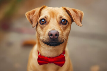 Poster - A small dog with a red bow tie sitting on the ground