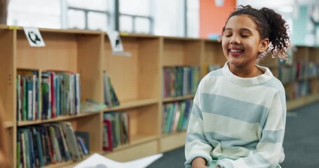 Poster - High five, child and smile in school, education and celebration for preparation of test, girl and knowledge. Library, hands and tutor with kid for learning of literature for exam, happy and together