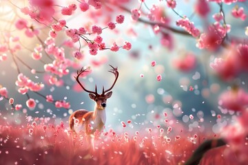 Poster - Deer in a Field of Blossoms.