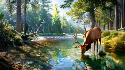 Poster - Deer Drinking from a Stream in a Lush Forest.