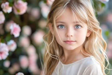 Poster - A little girl with long blonde hair and blue eyes standing in front of a flowering tree