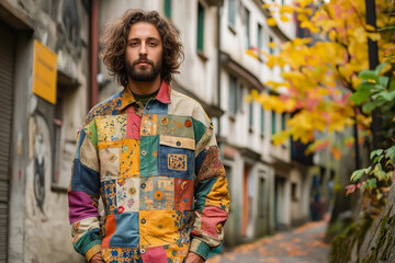 Sticker - A man with long hair standing in an alleyway in a colorful patchwork shirt