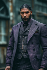 Poster - A man in a suit and tie standing in the rain.