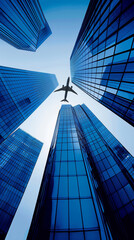 Wall Mural - Soaring airliner above sustainable glass skyscraper in cityscape. Modern office building exemplifies smart urban architecture. Business travel and air logistics concept for corporate brochure design.