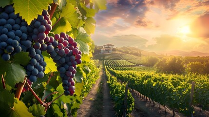 Canvas Print - Vineyard spacious with even rows of vines covered img