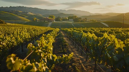 Canvas Print - Vineyard spacious with even rows of vines covered picture