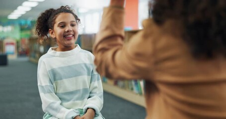Poster - High five, child and teacher in school, questions and celebration for preparation of test, girl and education. Library, hands and tutor with kid for learning of literature for exam, smile or together
