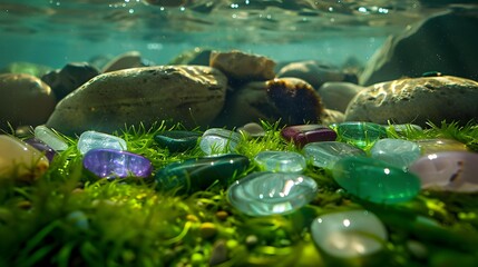 Wall Mural - Algae transparent colored stones lie among algae img