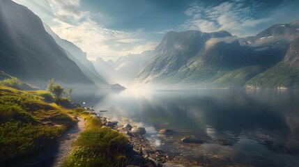 Wall Mural - The mountain ridge is surrounded by a fjord picture