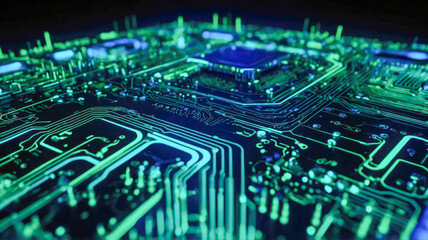 Poster - Close-up of a futuristic circuit board glowing with green and blue lights