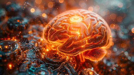 Poster - A detailed brain glowing with orange neural connections, set against a dark, abstract background