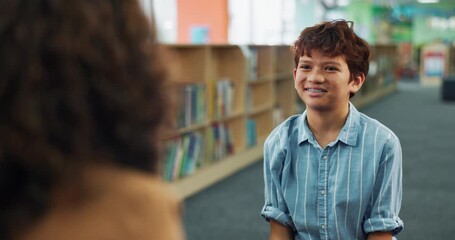Aufkleber - High five, child and teacher in library, education and celebration for preparation of test, boy and smile. School, hands and tutor with kid for learning of literature for exam, happy and together