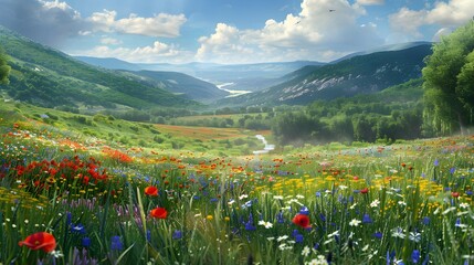 Canvas Print - The valley is spacious surrounded by green hills