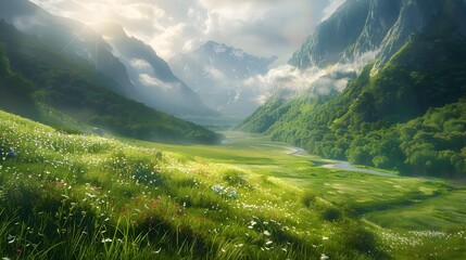 Wall Mural - The valley is spacious covered with green field picture