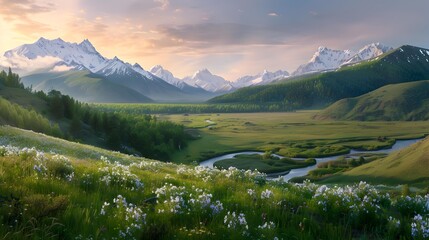 Poster - The wide valley is surrounded by high peaks img