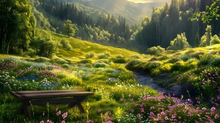 Wall Mural - Quiet valley surrounded by forests and flowering meado img