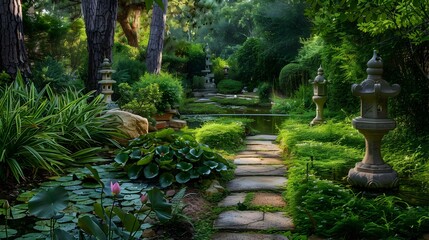 Canvas Print - A path leading through a shady garden image