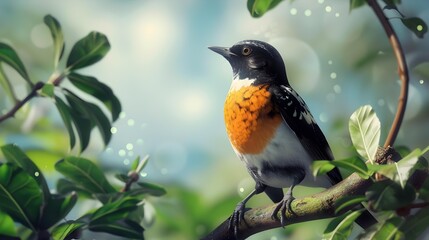 Wall Mural - A pied thrush with black white and orange img