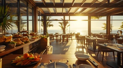 Poster - Breakfast in the hotel restaurant with panoramic windows picture