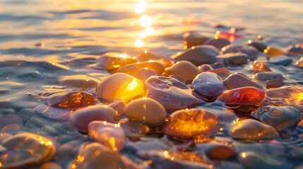 Canvas Print - Sunset transparent colored stones under water are illuminated picture