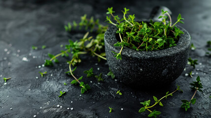 Wall Mural - Thyme Leaves Cascading Over Dark Stone Mortar and Pestle Background for Creative Food Concept Advertisement