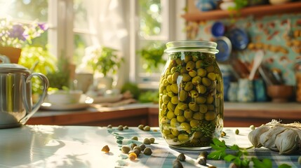 Wall Mural - Pickled capers placed in a glass jar show picture