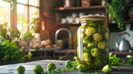 Wall Mural - Pickled brussels sprouts placed in a jar show picture